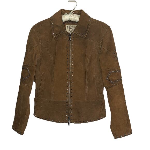 Vintage Cripple Creek Studded Suede Leather Jacket Cross Design Brown Size Small - Picture 1 of 9